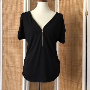 Espresso zipper top with peephole shoulders/arms
